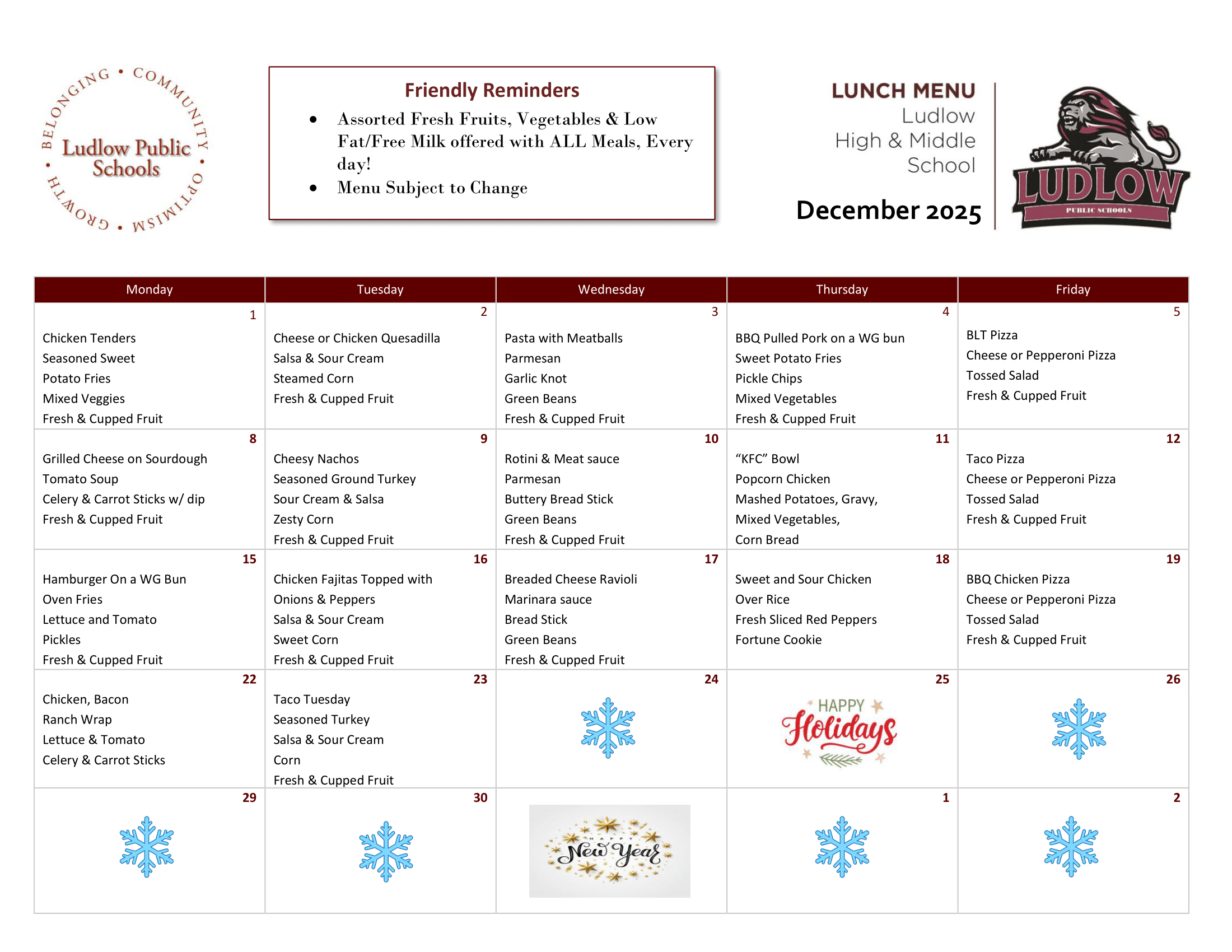 DECEMBER 2025 LHS AND BMS LIONS LUNCH MENU